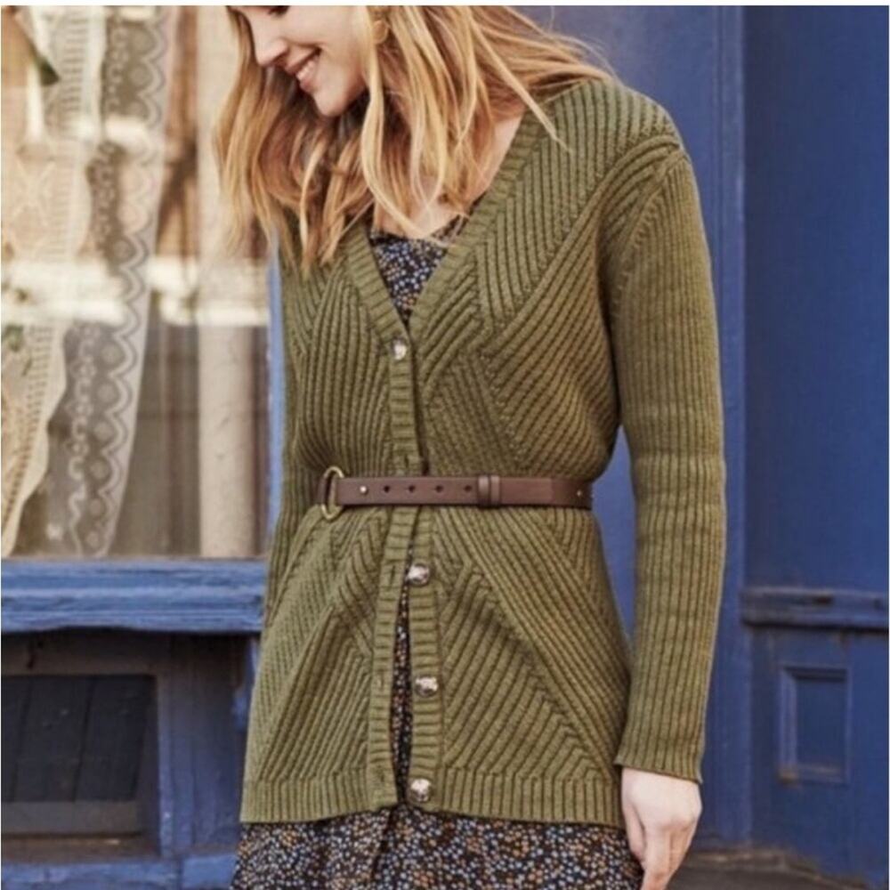 Cabi Aerial army olive green ribbed knit button front long cardigan Small #3536